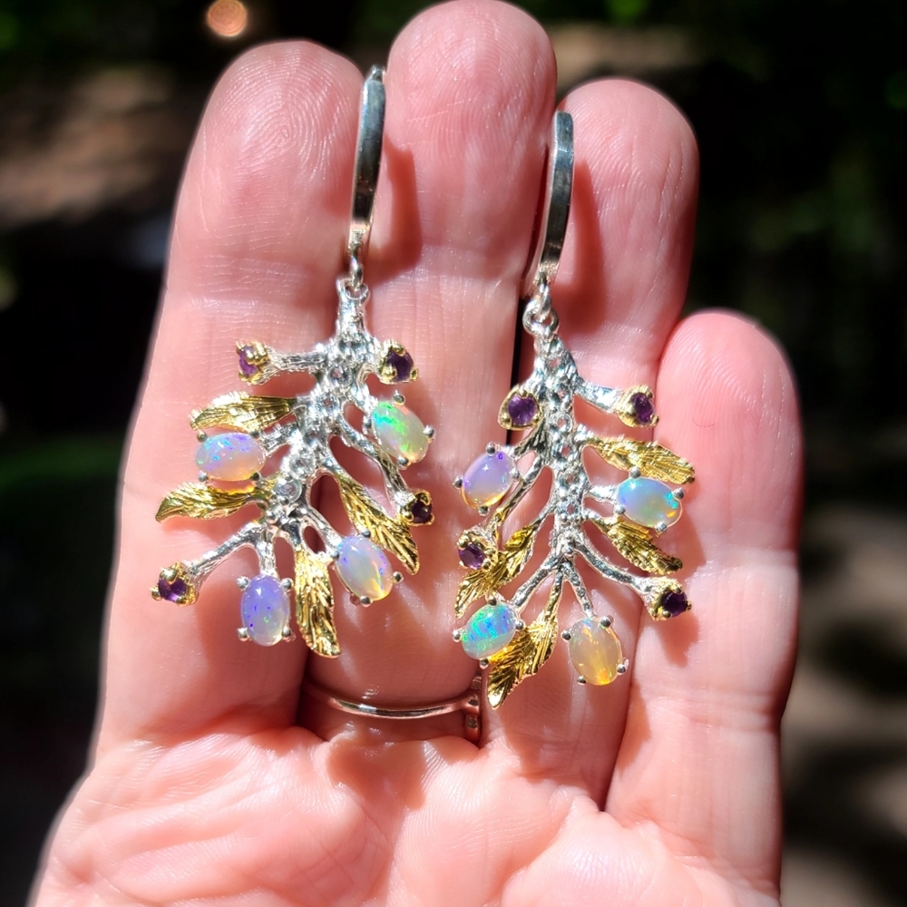 FIRE Opals 🔥 & Amethyst sterling fern earrings